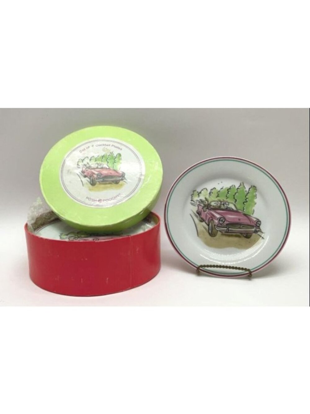VTG Set Of 6 Posh Poochy Ceramic Cocktail Plates With Pink Car Design Gift Box